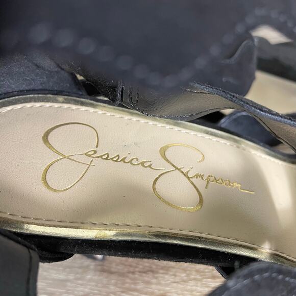 Jessica Simpson Black‎ Ruffle Heels 9.5M Zip Back Stiletto Sandals Leather Sole - Picture 9 of 9